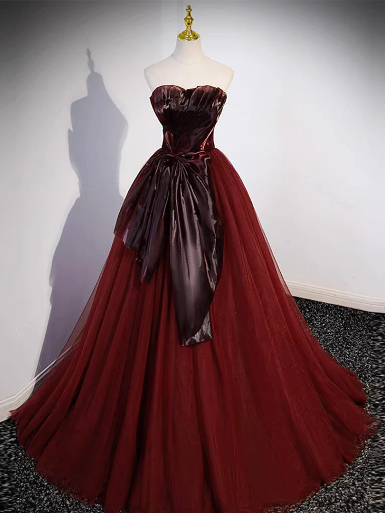 Wholesale A- Line Tulle Burgundy Long Prom Dress Burgundy Tulle Formal Dress gowns evening dresses